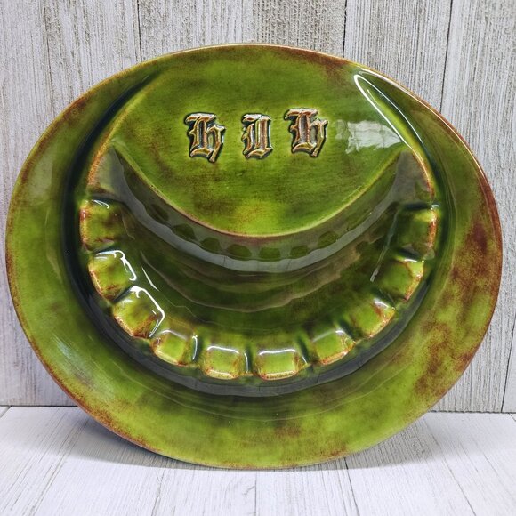 Vtg Glazed Green Two Toned Ceramic Ashtray with 11 Slots German Gothic Markings - Picture 2 of 10